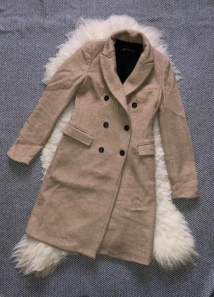Миди пальто zara camel песочное шерсть шерстяное база классическое