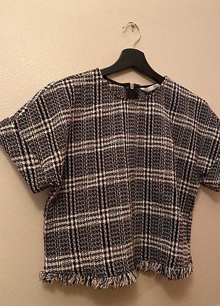 Стильная твидовая футболка кроп-топ zara xs-s