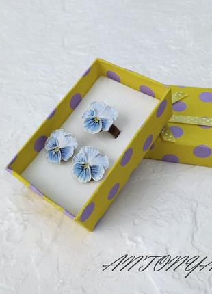 Кільце і сережки квіти братки, сережки кільце в подарунковій коробці2 фото