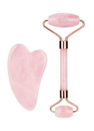 Набір скребок для масажу гуаша і ролер з натурального рожевого кварцу в коробці