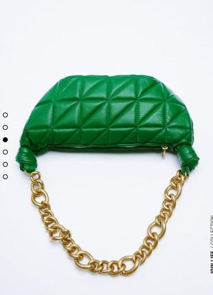 Зелена шкіряна сумка на ланцюгу zara стьобана сумка на ланцюжку сумка багет зелена шкіряна сумка5 фото