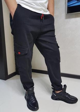 Джоггеры, джинсы на резинке стрейчевые коттоновые  унисекс, накладные карманы карго,  nn2 фото