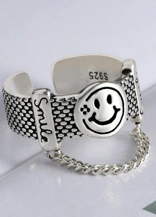 Кольцо женское смайлик с цепью красивая модная бижутерия