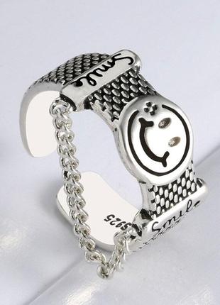 Кольцо женское смайлик с цепью красивая модная бижутерия2 фото