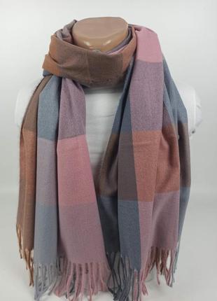 Базовый шерстяной кашемировый шарф палантин в клетку розовый серый новый качественный