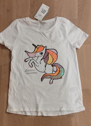 Футболка нм с двусторонними паетками  единорог, р.134/140.