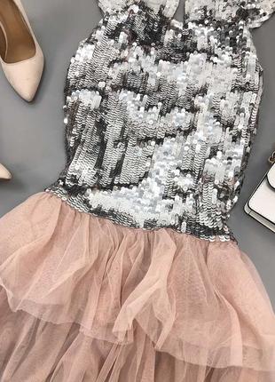 Платье миди с декоративной отделкой пайетками и вставкой из тюля2 фото