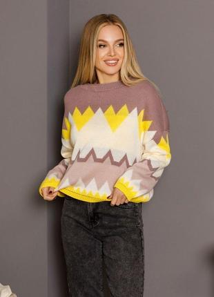 Вільний оверсайз жовтий вовняний светр з геометричним візерунком