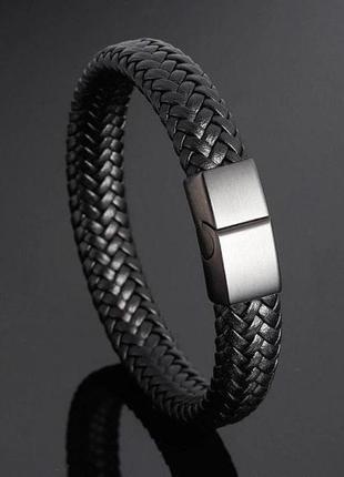 Мужской кожаный браслет, браслет из кожи, классический браслет черный5 фото