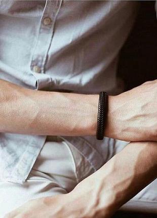 Мужской кожаный браслет, браслет из кожи, классический браслет черный7 фото