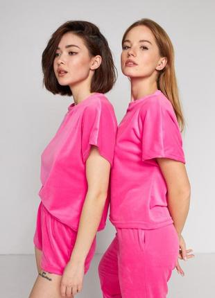 Плюшева велюрова рожева піжама трійка футболка шорти і штани, піжама5 фото