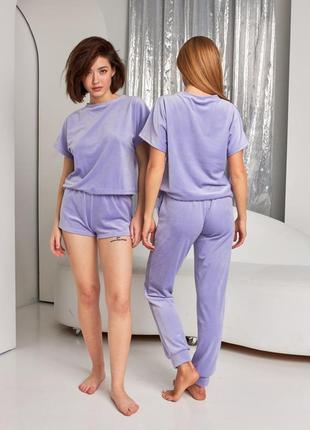 Плюшева велюрова фіолетова піжама трійка футболка шорти і штани, піжама2 фото