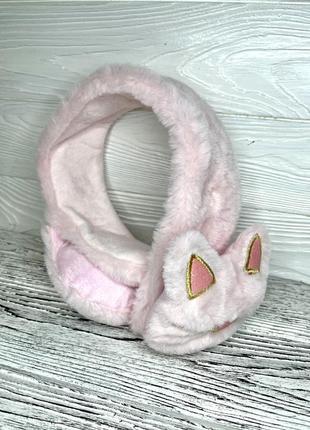 Детские меховые тёплые наушники розовые с котиком8 фото