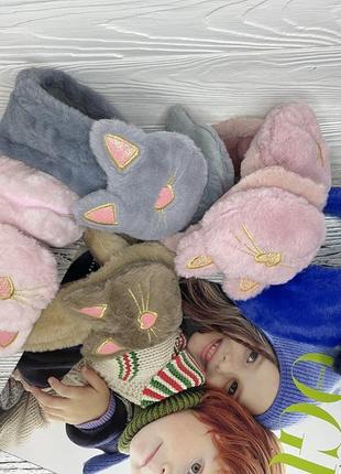 Детские меховые тёплые наушники розовые с котиком10 фото