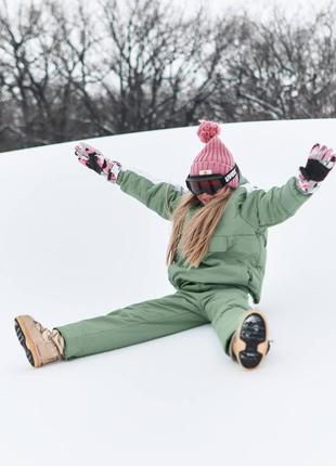 Костюм двойка детский, лыжный, спортивный, комбинезон, куртка с капюшоном, теплый, зимний, оливковый2 фото