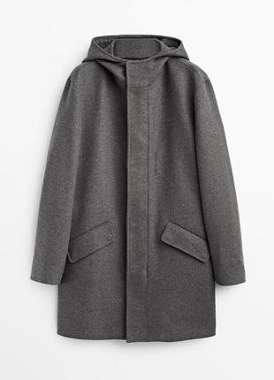 Серое мужское шерстяное пальто с капюшоном  massimo dutti