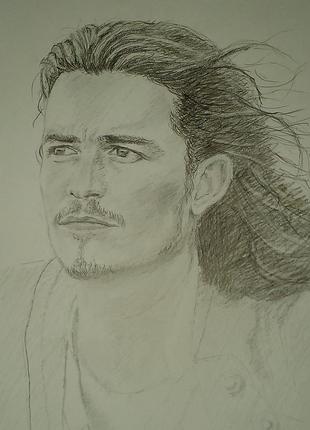 Портрет простым карандашом  красавчик орландо блум моряк пират