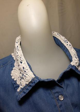 Джинсовая блуза 100% коттон. женская  джинсовая блузка, летняя рубашка с кружевом.7 фото