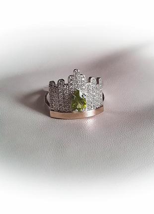 🫧 👑 18.5 размер кольцо серебро с золотом хризолит корона3 фото