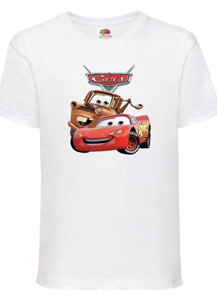 Футболка детская тачки (cars-012) белая, размер 98-104-116-128-140-152-164 см
