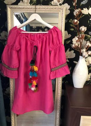 Платье яркое из льна, туника с балабончиками, кисточками бохо