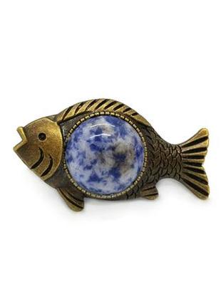 🐟✨ оригинальная брошь "рыба" в винтажном стиле натуральный камень содалит1 фото