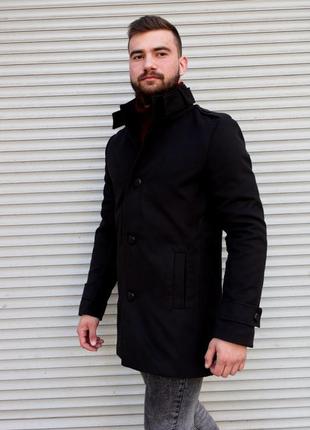 Стильное чёрное пальто без капюшона8 фото