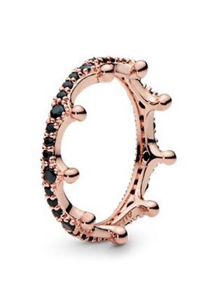 Кольцо пандора розовая корона с чёрными камнями камешками розовое золото позолота покрытие новое с биркой серебро проба 925 187087nck