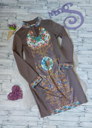 Платье defile коричневое с цветочным принтом и стразами