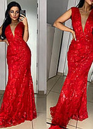 Красное вечернее длинное выпускное  платье рыбка,  сетка с вышивкой