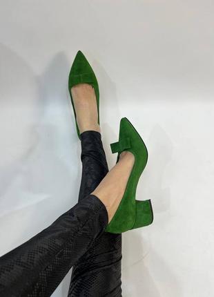Ексклюзивні туфлі з натуральної замші човники зелені трава ь3 фото