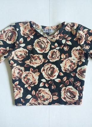 Укороченная футболка кроп топ в цветочный принт с розами