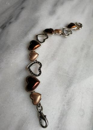 Браслет коричневі, бежеві та контурні серця емаль і стрази