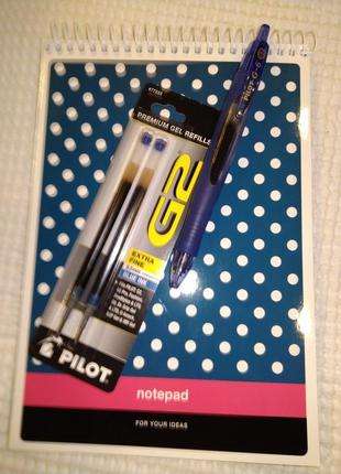 Ручка гелевая pilot g6 gel pen blue синяя + блокнот + два стержня8 фото