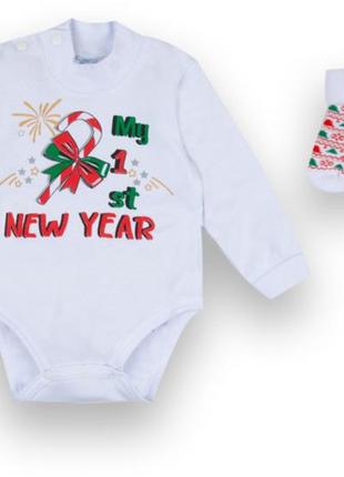 Дитячий бавовняний новорічний комплект (боді з довгим рукавом+ махрові шкарпетки) bd-21-103-3 новий рік