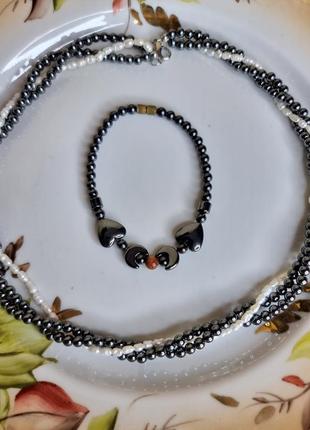 Винтажный комплект- ожерелье, браслет и серьги-трансформеры из гематита  и жемчуга4 фото