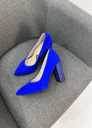 Эксклюзивные туфли лодочки итальянская кожа и замша электрик синие6 фото