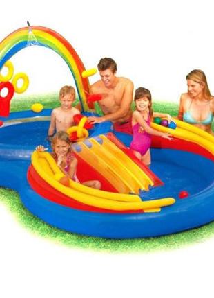 Надувний дитячий ігровий центр-басейн intex 57453 "веселка" з надувними кільцями, фонтаном і гіркою