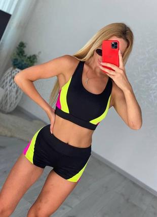 Спортивная одежда для фитнеса комплект топ с шортами pole dance желтый/розовый3 фото