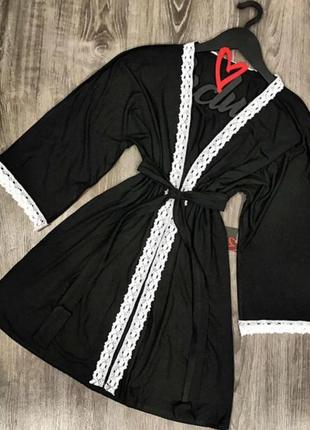 Женский чёрный халат из вискозы, удобный халатик для дома