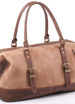 Дорожня шкіряна жіноча стильна сумка для спортзалу фітнесу бежева світла коричнева кежуал