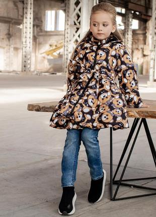 Детское демисезонное пальто с принтом «мишки» на девочку черного цвета