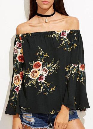 Блуза off-shoulders цветы черно-бежевая