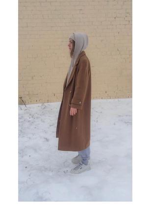 Бежевое винтажное шерстяное длинное пальто camel оверсайз