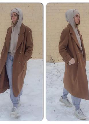 Бежевое винтажное шерстяное длинное пальто camel оверсайз2 фото