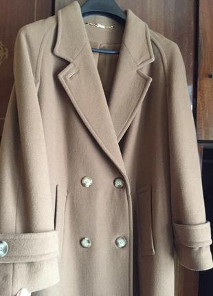 Бежевое винтажное шерстяное длинное пальто camel оверсайз3 фото