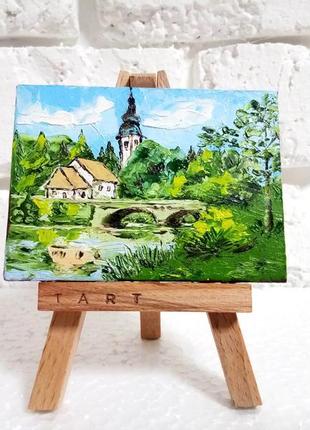 Лето и мост через речку пейзаж🌳🍃 картина маслом, миниатюрная живопись