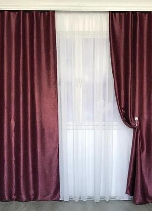 Комплект готовых штор на тесьме блэкаут софт 150х270 ( 2шт ) с тюлем 400х270. цвет бордовый2 фото