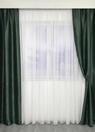 Комплект готовых штор на тесьме блэкаут софт 150х270 ( 2шт ) с тюлем 400х270. цвет зеленый2 фото