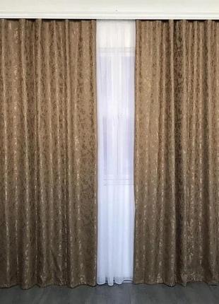 Качественный комплект мраморных штор на тесьме с подхватами 200х270 см и тюль 400х270 см цвет кофейный